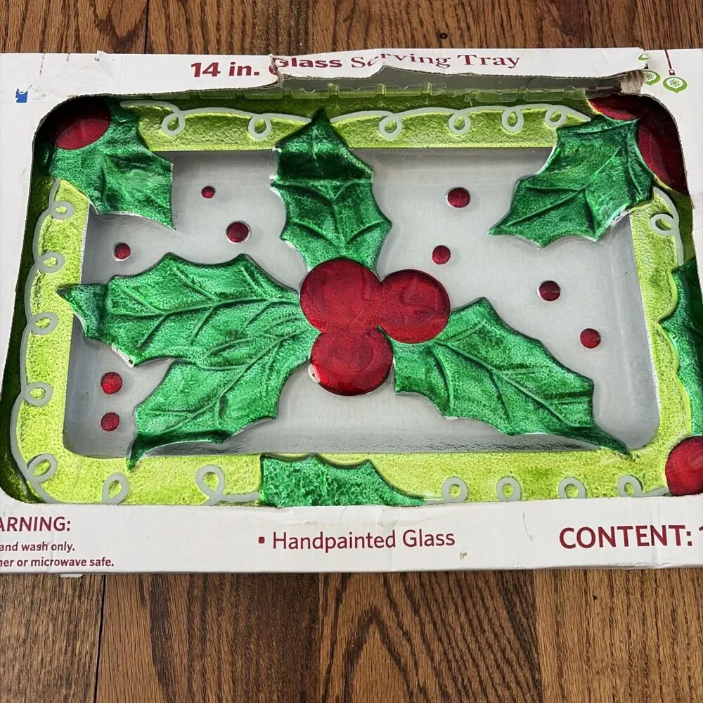 Christmas Holiday Holly and Berries Hand Painted 3D Glass 14